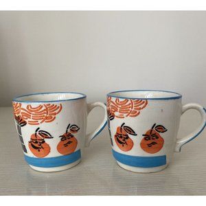 MCM Pair‎ of Vintage Mugs Pears Oranges Personification Angry Happy Blue White